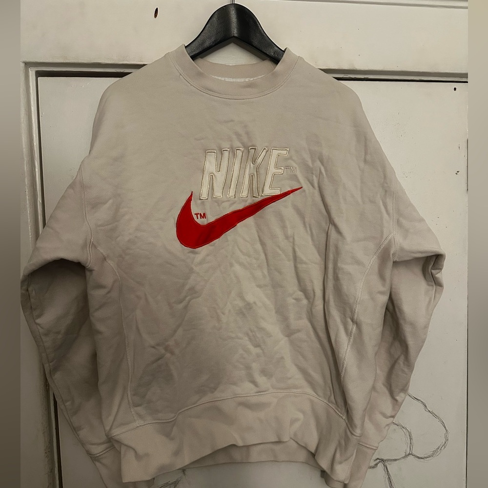 Nike Men's Cream Embroidered Sweater with Orange Logo